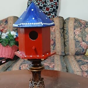 Handcrafted Red and Blue Birdhouse